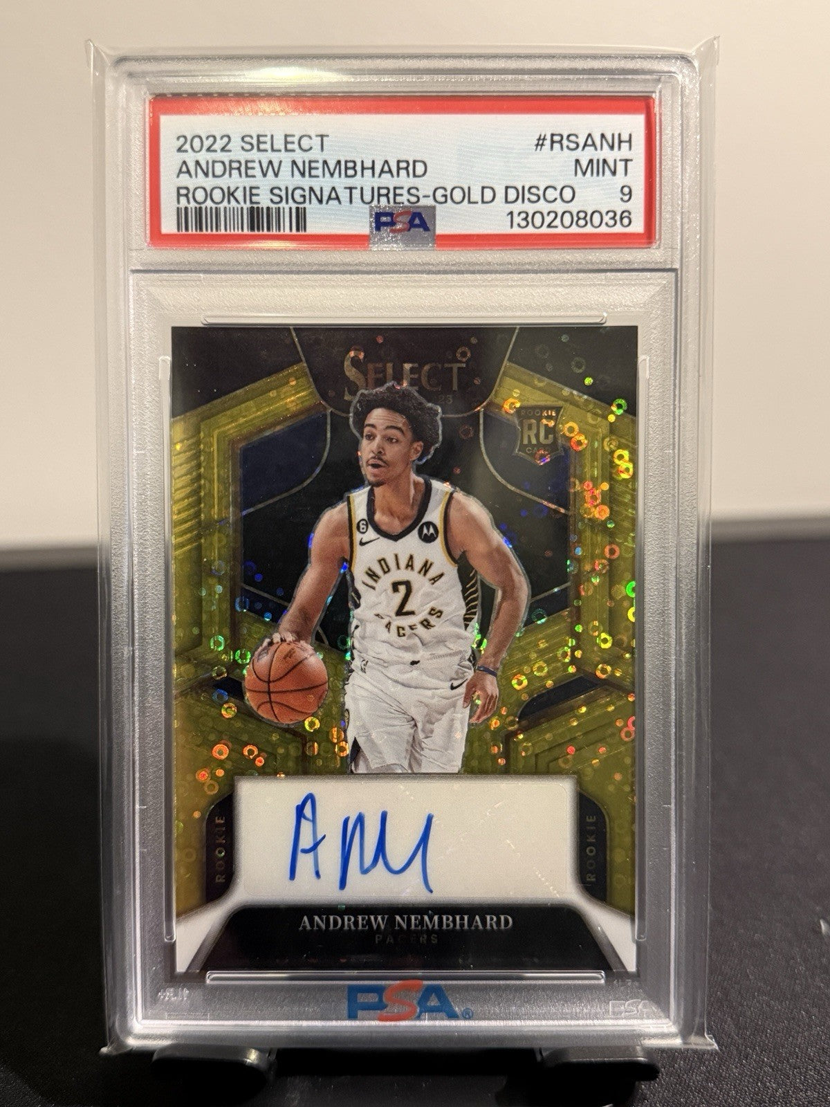 2022 PANINI SELECT ROOKIE SIGNATURES GOLD DISCO Andrew Nembhard  /10 RC PSA 9