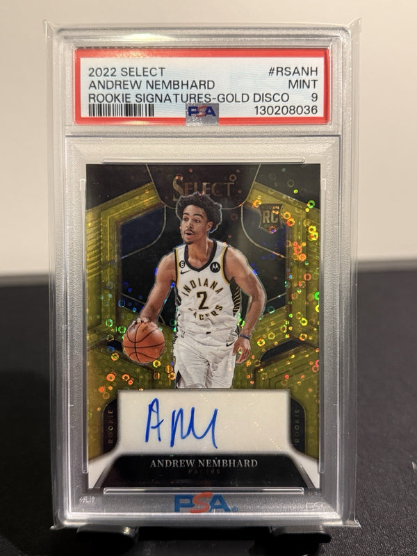 2022 PANINI SELECT ROOKIE SIGNATURES GOLD DISCO Andrew Nembhard  /10 RC PSA 9